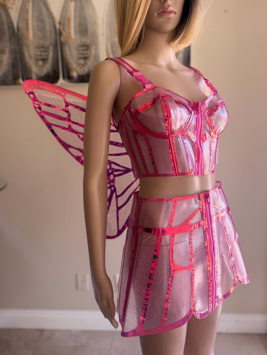 Dolls Kill Other - Dolls Kill Pink Iridescent Mesh Corset & Mini Skirt Set